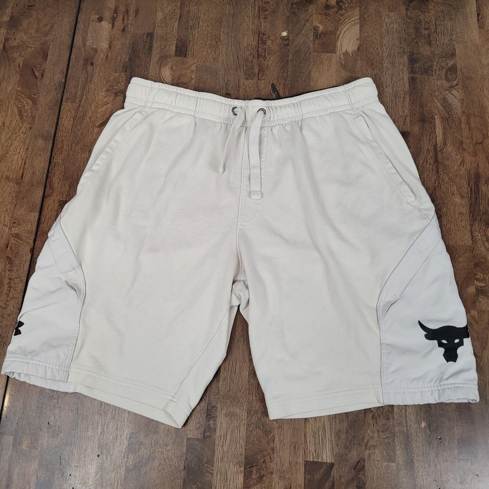 Under Armour Project Rock Terry Shorts Size XL Cream Off White Brahma Bull